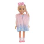 Papusa Fashion Girl cu Vesta Roz din Imitatie de Blana & Panglica Par - 45cm
