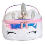 Portfard cu Model Unicorn 3D Imitatie de Blana Alba & Glitter Holografic pentru Copii 16x13x7.5cm