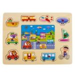 Puzzle din Lemn Drum cu Vehicule de Transport (10 piese) 30x22cm