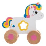 Unicorn din Lemn Alb Roz Stea cu 4 Roti 12x5x12cm - Image 2