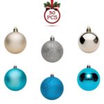 Set Globuri de Craciun Bej Turcoaz Mat Stralucitoare Glitter 7cm - 30buc - Image 2