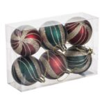 Set Globuri de Craciun Rosii Verzi Dungi Bej cu Glitter Ø6cm - 6buc - Image 2