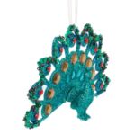 Ornament Brad de Craciun Paun cu Glitter Turcoaz Bleu & Cristale 14x3x8cm - Image 2