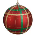 Ornament Brad de Craciun Glob Rosu Mat cu Carouri & Glitter Auriu Ø20cm - Image 2