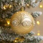 Ornament Brad de Craciun Glob Bej Auriu Mat cu Glitter & Margele Ø10cm - Image 2