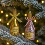 Ornamnet Brad de Craciun Sticla de Sampanie cu Fundita Aurie & Glitter Bej Auriu 12cm - Image 2