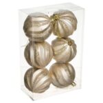 Set Globuri de Craciun Sampanii cu Dungi Reliefate & Glitter Mat Ø8cm - 6buc - Image 2