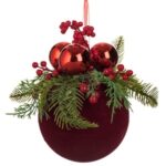 Ornament Brad de Craciun Glob Rosu Catifelata cu Ramura & Berries Ø15cm - Image 2
