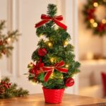 Brad Decorativ de Craciun pentru Masa in Ghiveci Rosu cu 20 LED-uri - 50cm