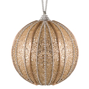 christougenniatiki-bala-afrodis-sambani-kordoni-glitter-asimi-alysida-10-cm-list.jpg Ornament Brad de Craciun din Spuma Bej Siret Glitter Lant Argintiu Ø10cm - Image 1