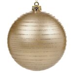 Ornament Brad de Craciun Glob Bej Mat Dungi Glitter Ø15cm