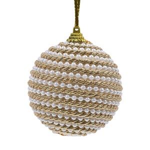dis-bala-chrysi-me-perla-8cm-list.jpg Ornament Brad de Craciun din Spuma Glob Auriu cu Siret Auriu & Margele Albe Ø8cm - Image 1