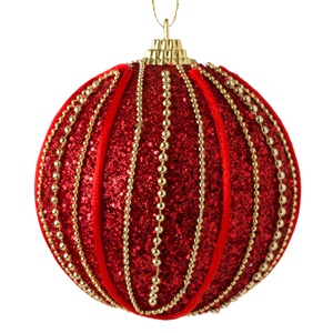 dis-bala-kokk-kordon-alysida-8cm-list.jpg Ornament Brad de Craciun din Spuma Rosu Siret Glitter Lant Auriu Ø8cm - Image 1