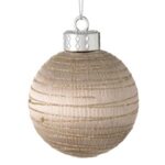 Ornament Brad de Craciun Glob din Spuma Bej Sampanie Glitter Dungi Ø8cm