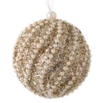 Ornament Brad de Craciun din Spuma Glob Bej cu Glitter & Margele Albe Ø8cm