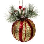 Ornament Brad de Craciun Glob Glitter Rosu Auriu Creanga de Pin Ø8cm