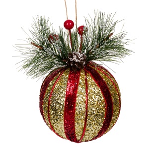 dis-chrs-bala-chrysi-kok-pefko-8cm-list.jpg Ornament Brad de Craciun Glob Glitter Rosu Auriu Creanga de Pin Ø8cm - Image 1