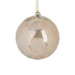 Ornament Brad de Craciun Glob Bej Lucios cu Model Plasa & Glitter Ø8cm