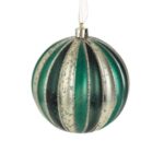 Ornament Brad de Craciun Glob Bej Petrol Dungi Mate & Detalii cu Glitter Ø8cm