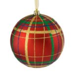 Ornament Brad de Craciun Glob Rosu Mat cu Carouri & Modele cu Glitter Ø15cm