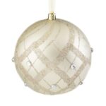 Ornament Brad de Craciun Glob Bej cu Glitter & Strass Ø12cm