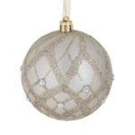 Ornament Brad de Craciun Glob Bej cu Glitter & Strass Ø8cm
