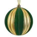 Ornament Decorativ de Craciun Glob Verde Catifelat Dungi Aurii Mate & Stras Ø10cm
