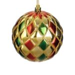 Ornament Brad de Craciun Glob cu Romburi Rosii Verzi & Glitter Auriu Ø8cm