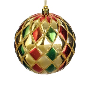 dis-glob-ros-auriu-verde-romburi-8cm-list.jpg Ornament Brad de Craciun Glob cu Romburi Rosii Verzi & Glitter Auriu Ø8cm - Image 1