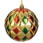 Ornament Brad de Craciun Glob cu Romburi Rosii Verzi & Glitter Auriu Ø10cm
