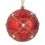 Ornament Brad de Craciun Glob Rosu Mat cu Model Floral Margele & Stras Ø10cm