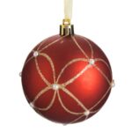 Ornament Brad de Craciun Glob Rosu Mat cu Modele Aurii cu Glitter & Margele Ø8cm