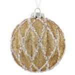 Ornament Brad de Craciun Glob Bej Sampaniu cu Glitter & Margele Albe Ø10cm