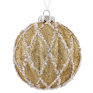 dis-glob-sam-romburi-sclipici-arg.10-list.jpg Ornament Brad de Craciun Glob Bej Sampaniu cu Glitter & Margele Albe Ø10cm - Image 1