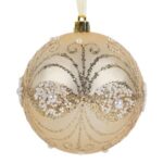 Ornament Brad de Craciun Glob Bej Auriu Mat cu Glitter & Margele Ø10cm