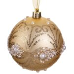 Ornament Brad de Craciun Glob Sampaniu cu Glitter & Margele Ø8cm