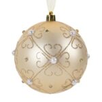 Ornament Brad de Craciun Glob Bej Auriu Mat cu Model Floral Auriu Margele & Strass Ø10cm