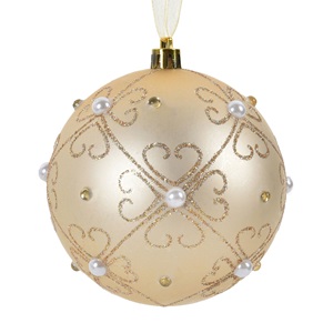 dis-glob-sampaniu-mat-gl-samp-str10-list.jpg Ornament Brad de Craciun Glob Bej Auriu Mat cu Model Floral Auriu Margele & Strass Ø10cm - Image 1