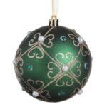 Ornament Brad de Craciun Glob Verde Mat cu Model Floral Auriu Margele & Stras Ø12cm