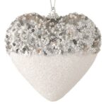 Ornament Brad de Craciun din Spuma Inima Alba Margele Argintii Glitter 11cm