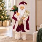 Mos Craciun Decorativ cu Costum Rosu Catifelat si Cadou 60cm