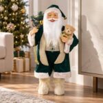 Mos Craciun Decorativ cu Costum Verde & Ursulet 60cm