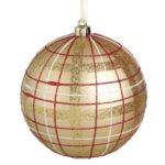 Ornament Brad de Craciun Glob Auriu Mat in Carouri Rosii Albe Glitter Modele Ø12cm