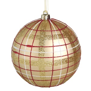 glob-auriu-carou-gl-auriu-ros-12cm-list.jpg Ornament Brad de Craciun Glob Auriu Mat in Carouri Rosii Albe Glitter Modele Ø12cm - Image 1