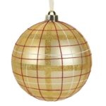Ornament Brad de Craciun Glob Auriu Mat in Carouri Rosii Albe Glitter Modele Ø15cm