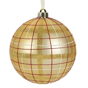 glob-auriu-carou-gl-auriu-ros-15cm-list.jpg Ornament Brad de Craciun Glob Auriu Mat in Carouri Rosii Albe Glitter Modele Ø15cm - Image 1