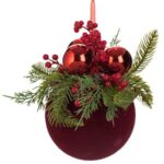 Ornament Brad de Craciun Glob Rosu Catifelata cu Ramura & Berries Ø15cm