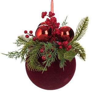glob-bordo-catifelat-impodobit-15cm-list.jpg Ornament Brad de Craciun Glob Rosu Catifelata cu Ramura & Berries Ø15cm - Image 1