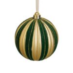 Ornament Brad de Craciun Glob Verde Catifelata cu Dungi Aurii Mate & Glitter Ø12cm