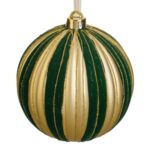 Ornament Brad de Craciun Glob Verde Catifelata cu Dungi Aurii Mate & Glitter Ø15cm